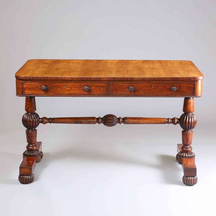 William IV Kingwood End Support Writing Table with turned stretcher and gadrooned bun feet, circa 1840 English antique desk