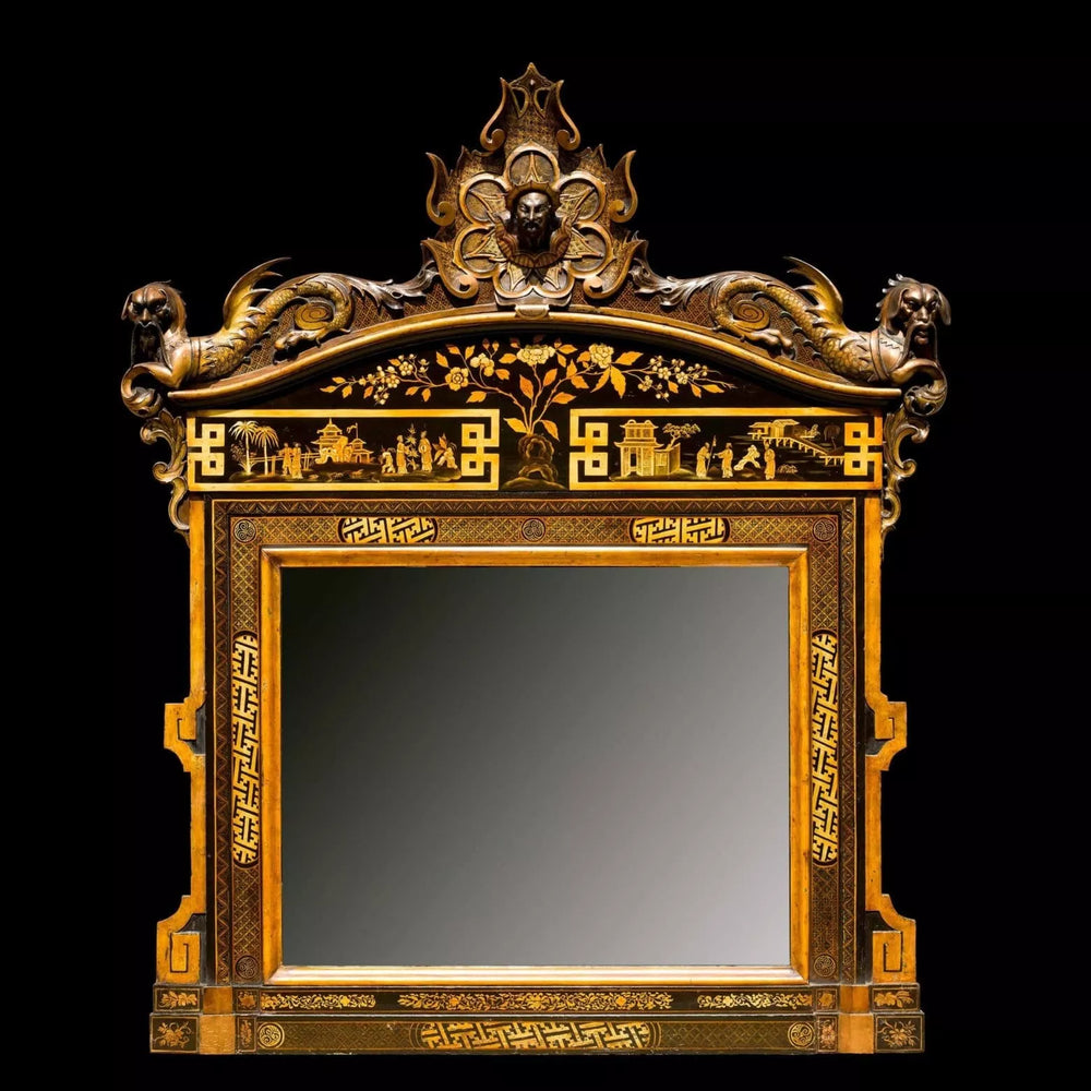 Chinoiserie Black Japanned Overmantel Mirror with gilt oriental scenes and decorative motifs, 19th-century English design.