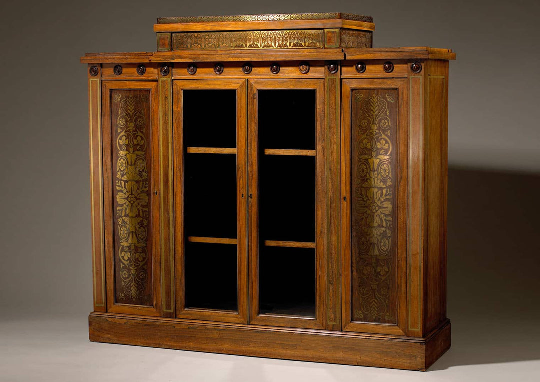 George Bullock Breakfront Rosewood and Brass Inlaid Side Cabinet with glazed doors and floral marquetry panels circa 1810.