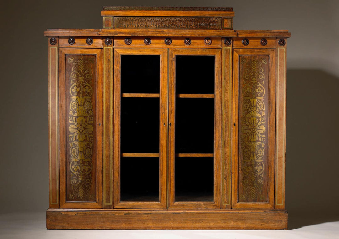George Bullock Breakfront Rosewood and Brass Inlaid Side Cabinet with glazed doors and foliate marquetry panels circa 1810.