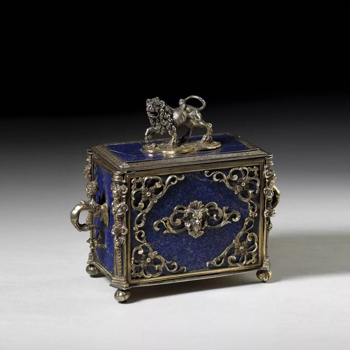 Renaissance style silver and lapis lazuli casket with lion finial by Nicholas Wells Antiques circa 1850