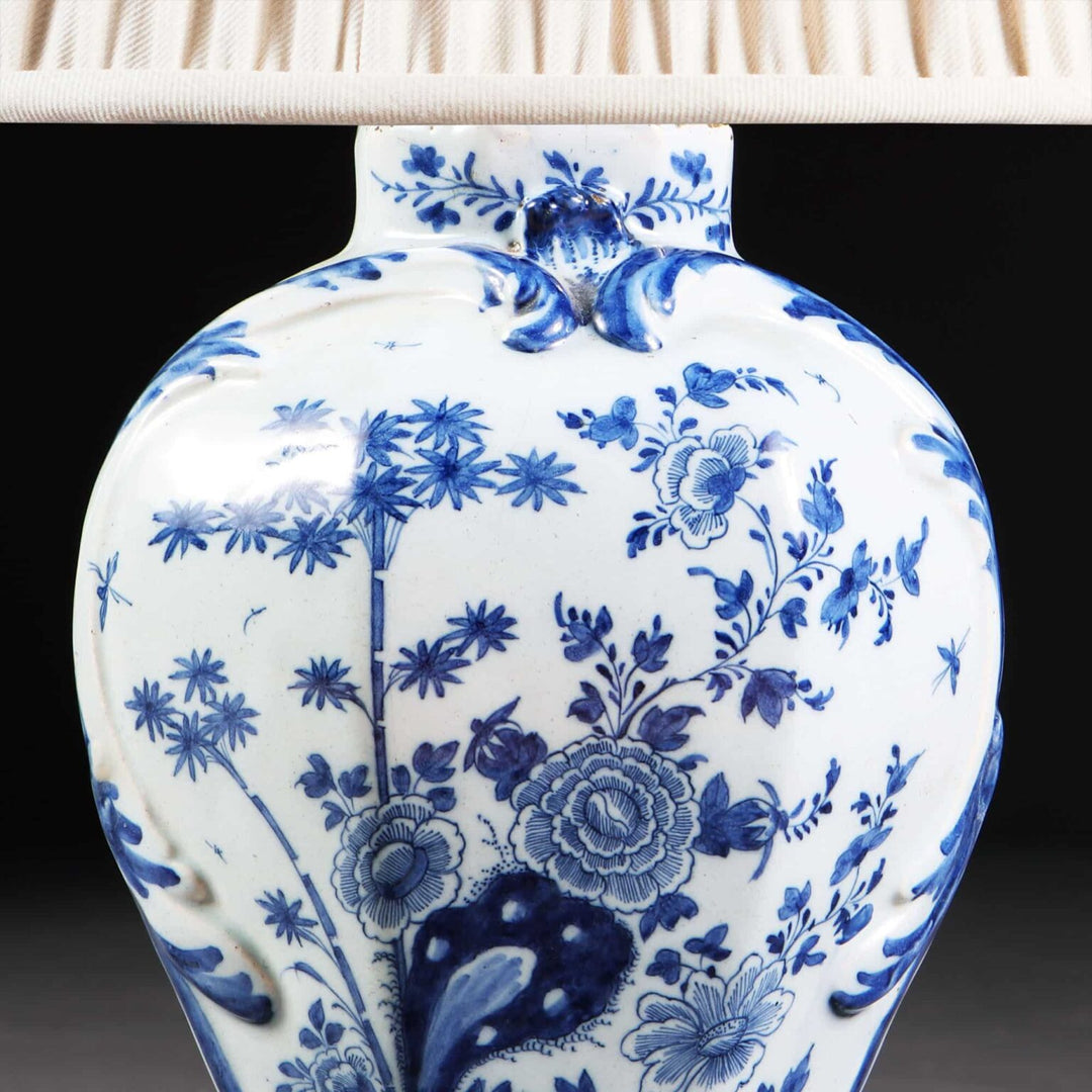 Blue and White Delft Vases Mounted as Table Lamps with intricate floral patterns, 18th century Netherlands pair circa 1750.
