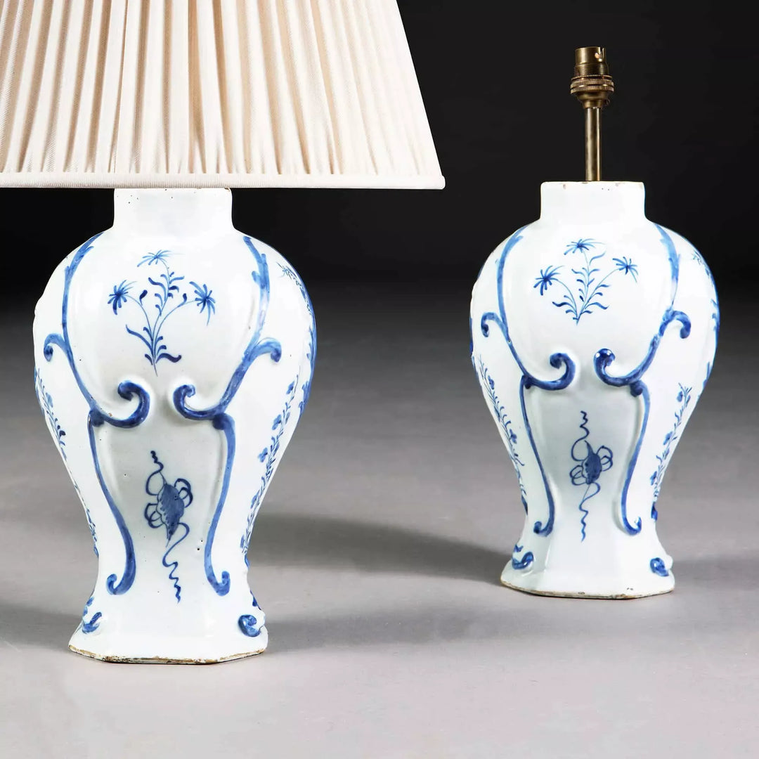 Blue and White Delft Vases Mounted as Table Lamps, 18th century, hand-painted floral design, circa 1750 Netherlands.