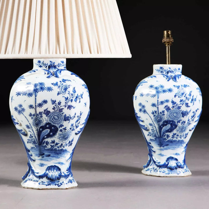 Blue and White Delft Vases Mounted as Table Lamps, 18th Century Dutch porcelain with floral blue decoration, pair of lamps.