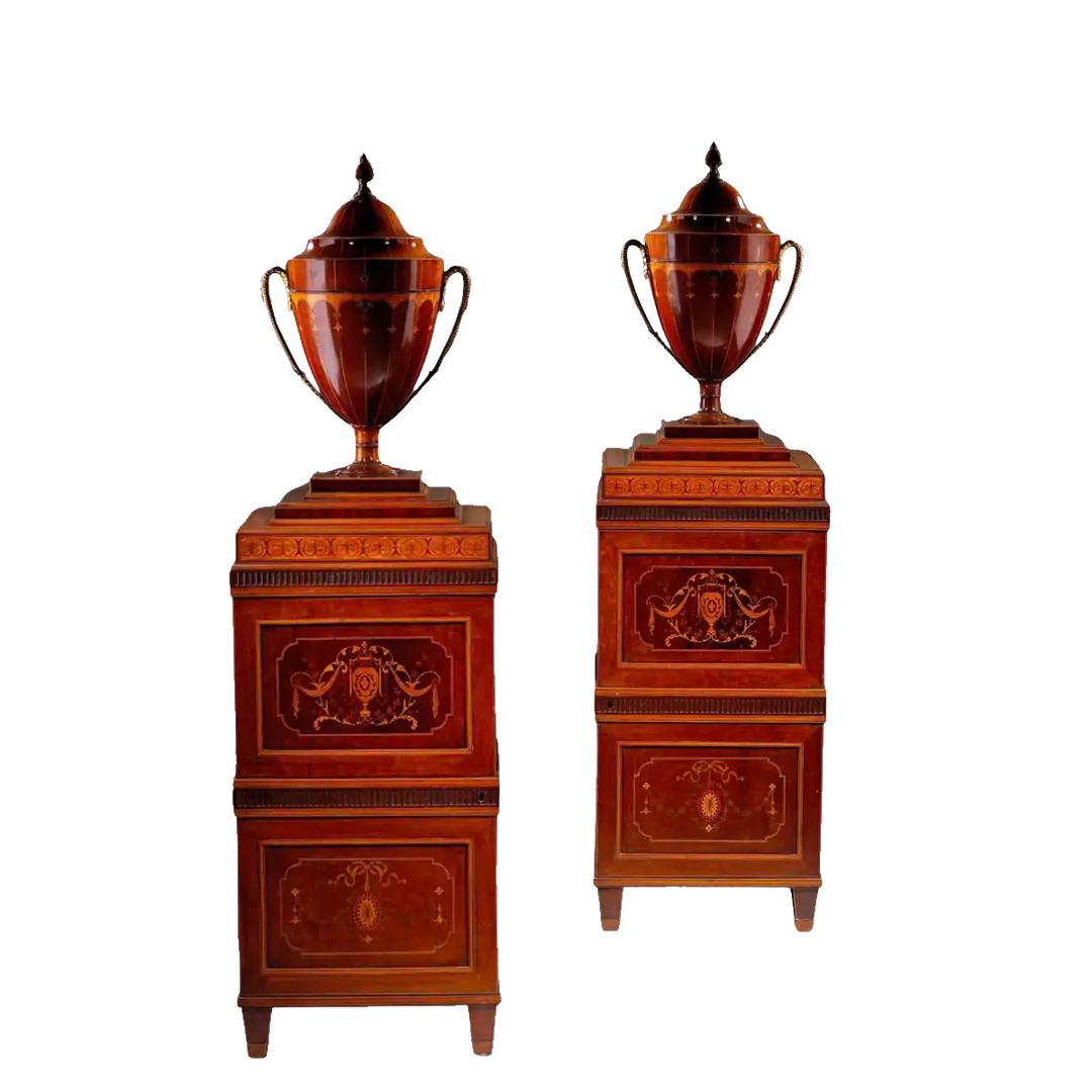 Pair of George III Sheraton Knife Urns on Stands, late 18th century British antique wooden decorative urns.