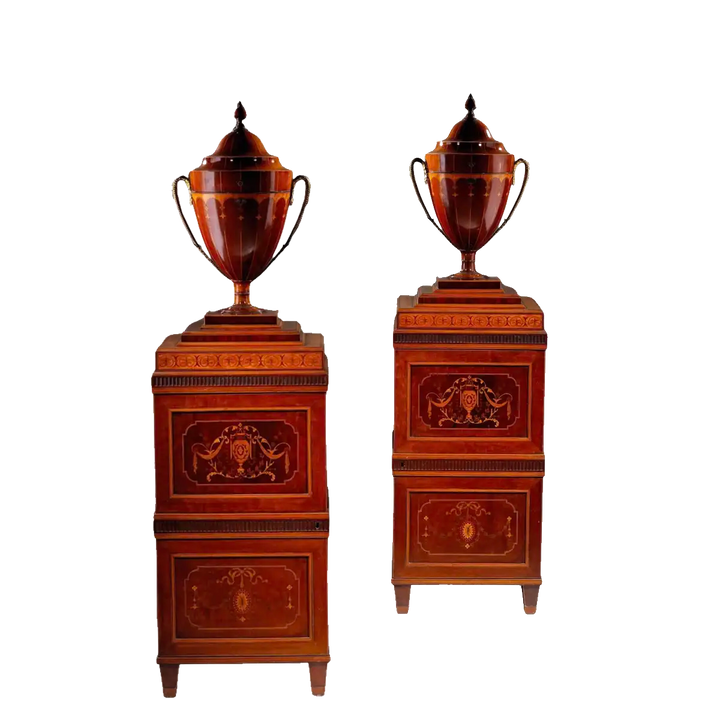 Pair of George III Sheraton Knife Urns on Stands, late 18th century British antique wooden decorative urns.