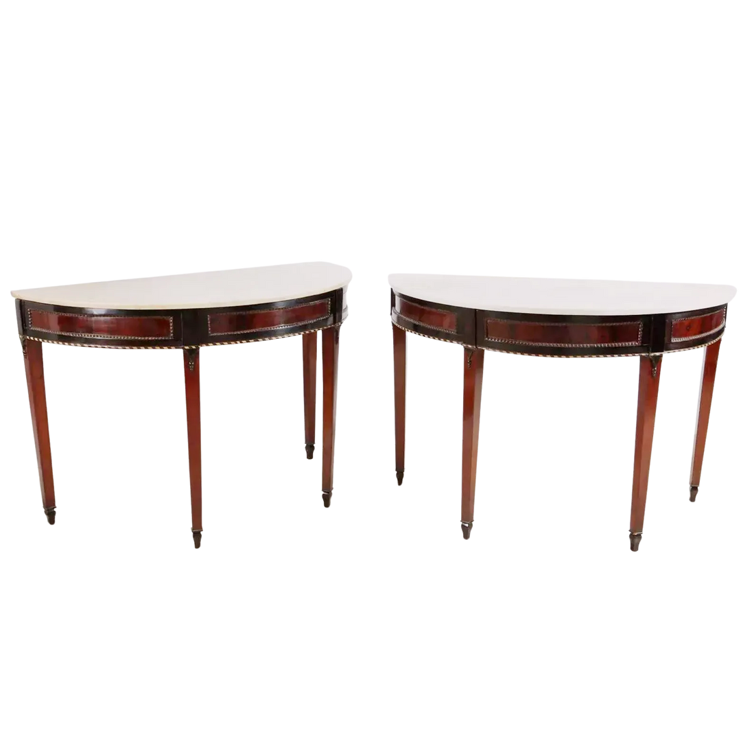 Pair of Neapolitan Demi Lune Console Tables with white marble tops and ebonised mahogany details, circa 1790.