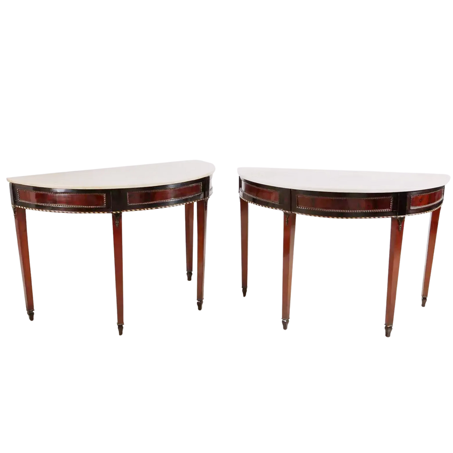 Pair of Neapolitan Demi Lune Console Tables with white marble tops and ebonised mahogany details, circa 1790.