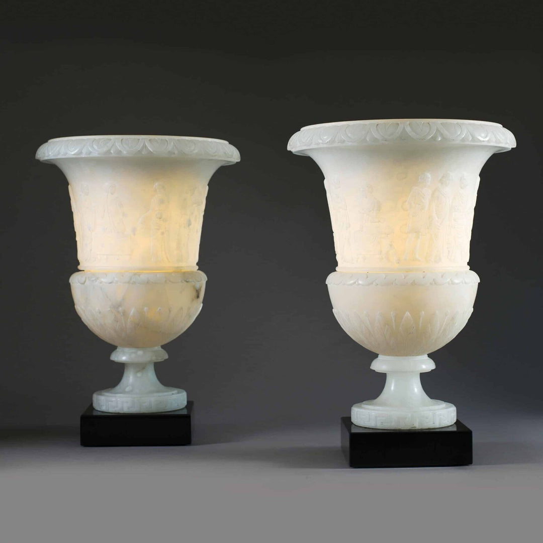 Pair Classical Carved Alabaster Vase Antique Table Lamps