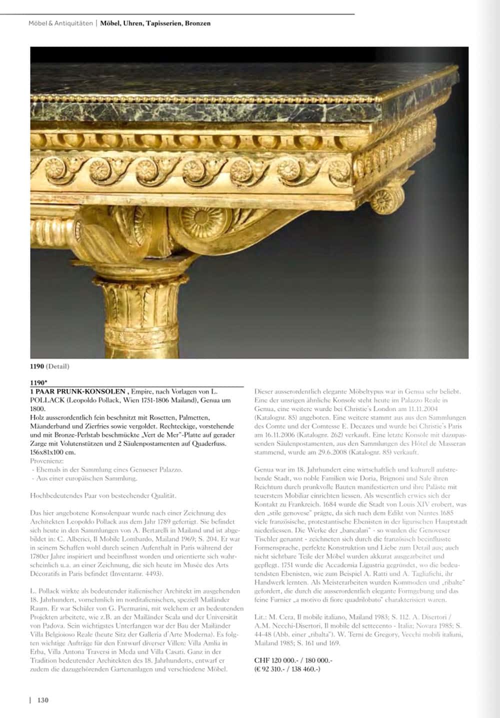Genoese Giltwood Console Table Attributed to Leopoldo Pollack with Verde Antico marble top and fluted gilt columns.