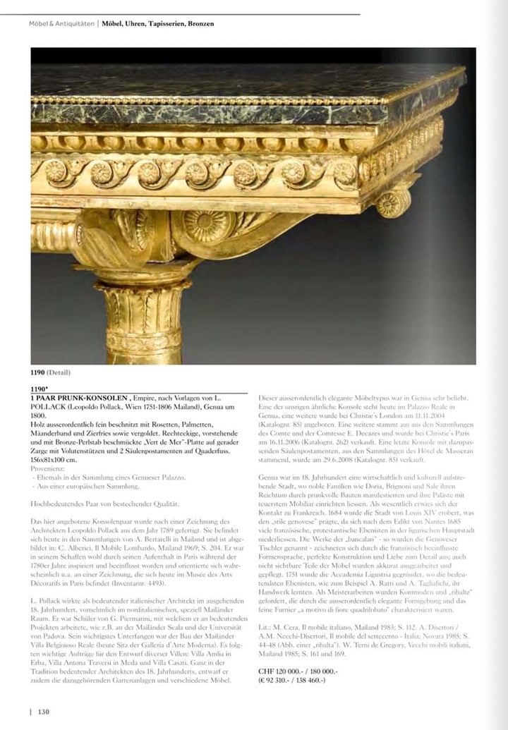 Genoese Giltwood Console Table Attributed to Leopoldo Pollack with Verde Antico marble top and fluted gilt columns.