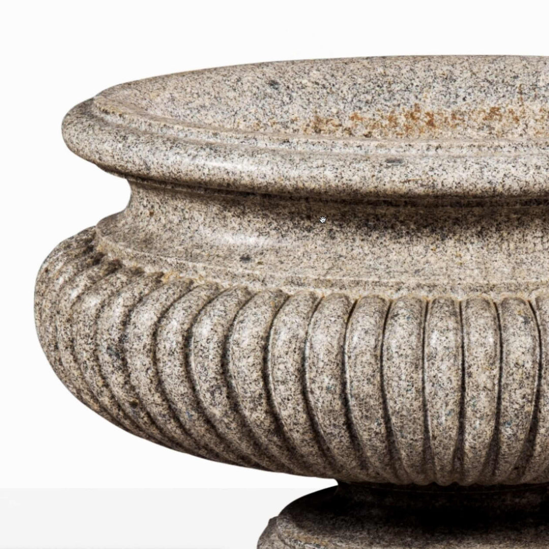 Large carved porphyritic granite gadrooned oval vase on stepped base by Collection EE20 elegant design