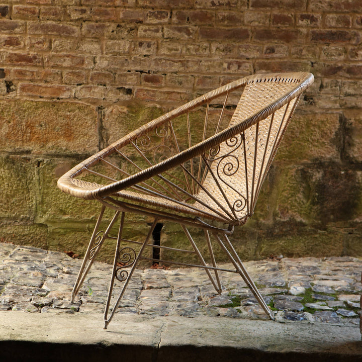 Vintage mid-century Modernist wireframe rattan chair with metal frame by Collection EE30, perfect for elegant interiors.