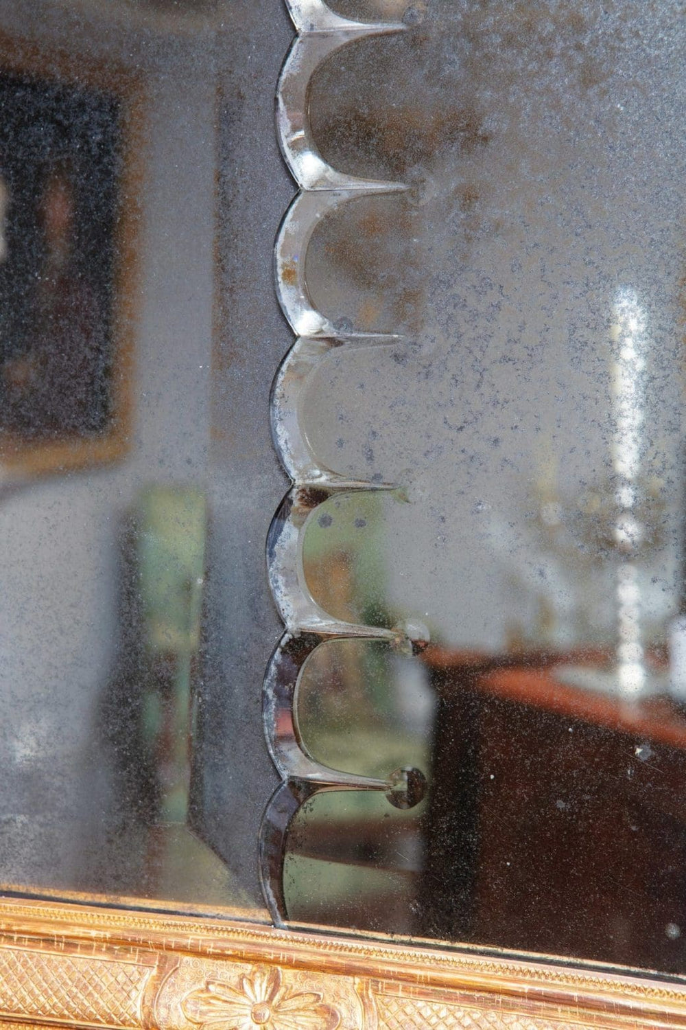 Queen Anne Overmantel Mirror with early 18th century beveled mercury glass and giltwood carved frame.