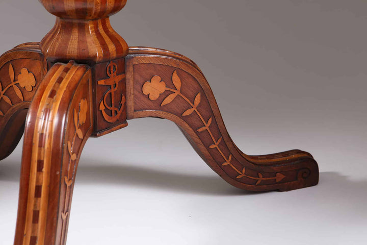 Jamaican Tilt Top Centre Table In the Manner of Ralph Turnbull with detailed floral and anchor inlaid parquetry design.