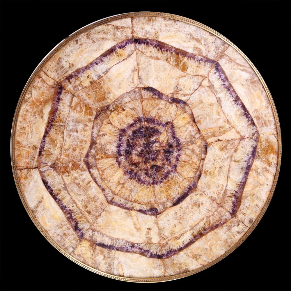 Gilt bronze Blue John Center Table top in radiating circles with blue John and lemon spa veneer, 19th-century English design.