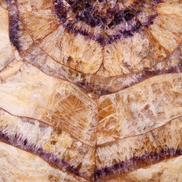 Gilt bronze Blue John Center Table close-up of Blue John stone top with radiating circles and lemon spa bands pattern.
