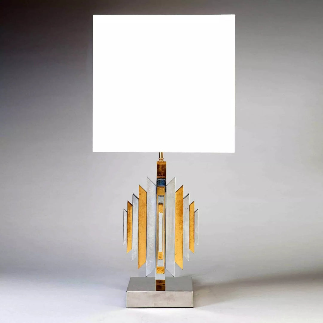 Brass Chrome Vintage Table Lamp – Possibly by Romeo Rega with geometric design and white square shade, circa 1975, height 83cm.