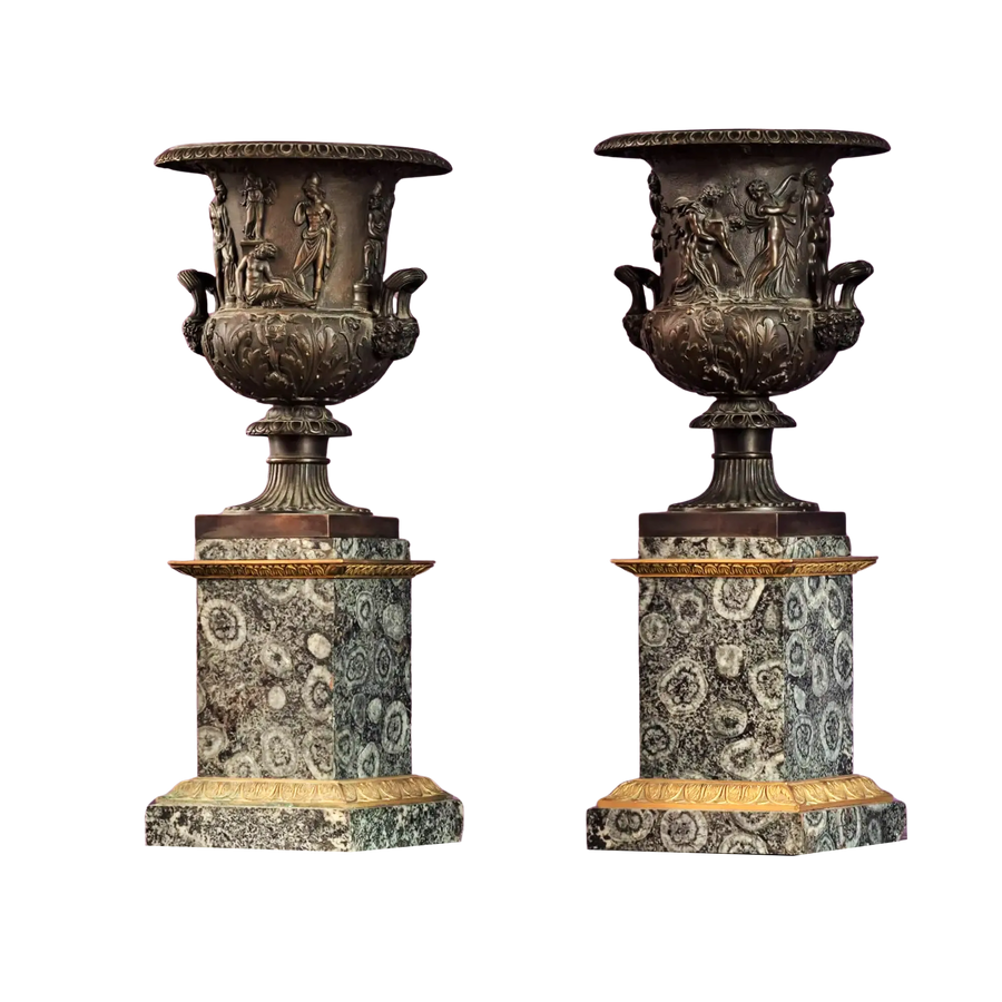 Pair of early 19th century Empire bronze and Napoleonite Medici Borghese vases on orbicular diorite bases Collection EE20