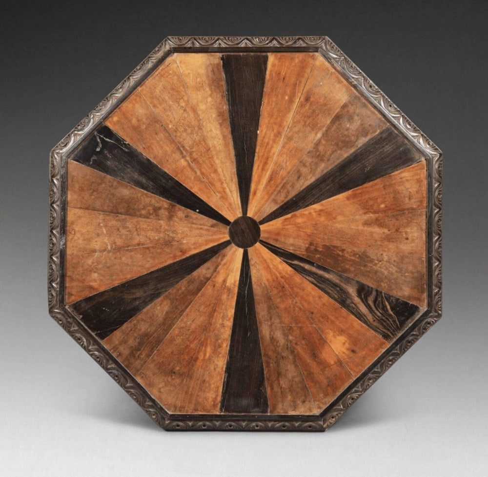 Ceylonese Specimen Wood Occasional Table with octagonal inlaid top and carved calamander wood border.