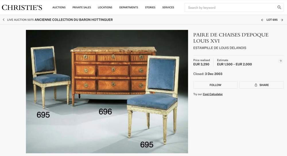 Set of three white Louis XVI side chairs with tapered fluted legs, original upholstery, by Nicholas Wells Antiques