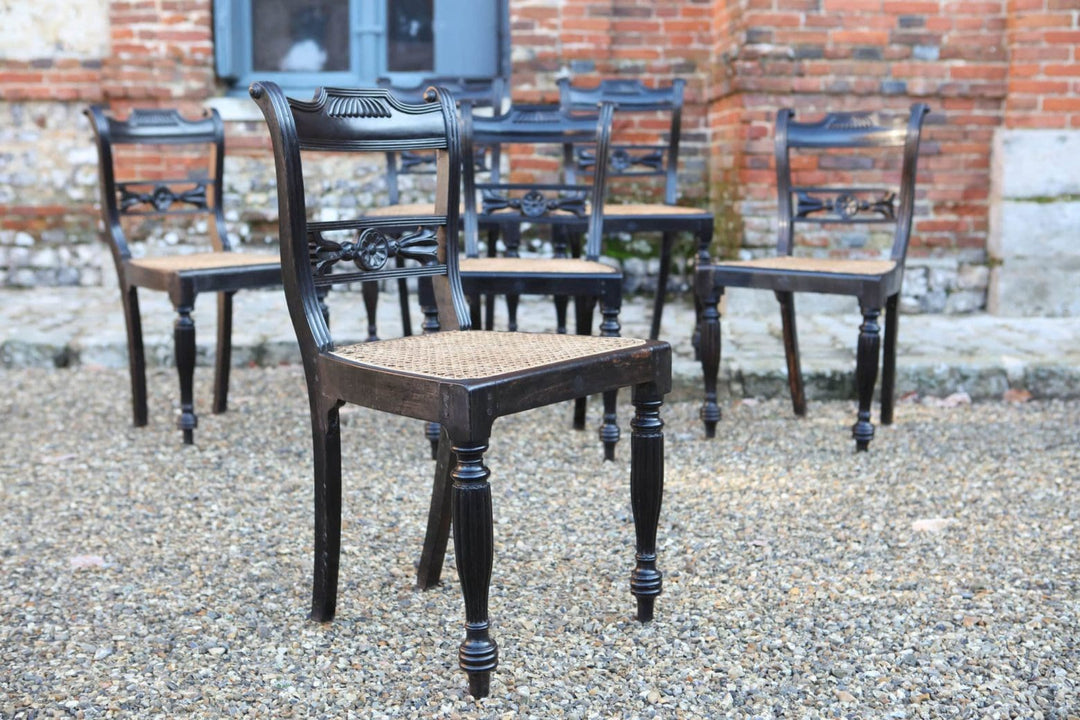 Set of six 19th century Anglo Indian ebony side chairs with caned seats from Collection EE30 displayed outdoors.