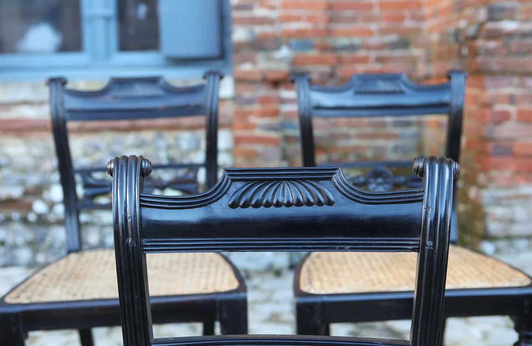 Set of six 19th century Anglo Indian ebony side chairs with caned seats by Collection EE30, elegant Regency design