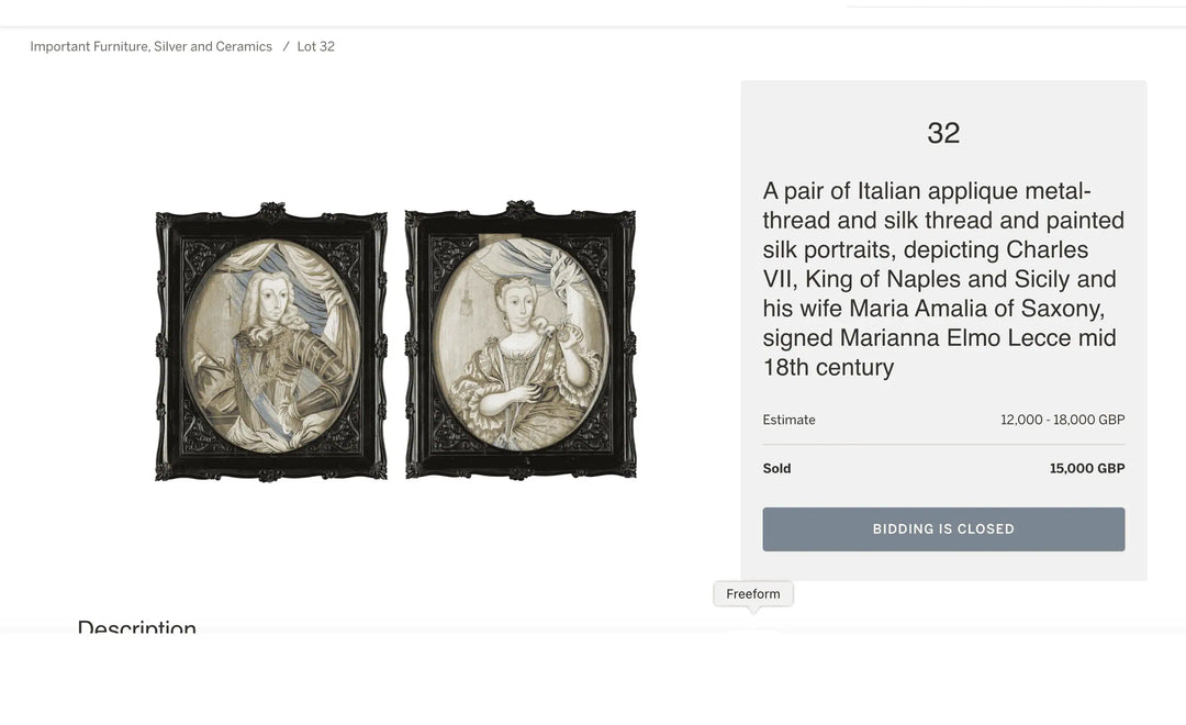 Pair of 18th-century Italian appliqué portraits by Marianna Elmo, featured by Nicholas Wells Antiques.