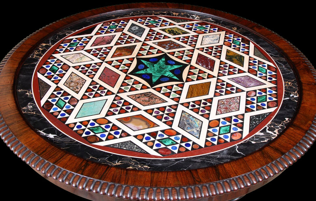 Specimen Marble and Rosewood Centre Table with intricate geometric hardstone inlays and polished rosewood rim detail.