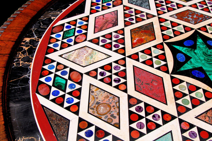 Specimen Marble and Rosewood Centre Table with intricate early 19th century hardstone patterns and colorful marbles.
