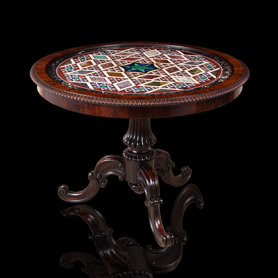 Specimen Marble and Rosewood Centre Table with intricate hardstone top and carved wooden base, circa 1815, England and Italy.