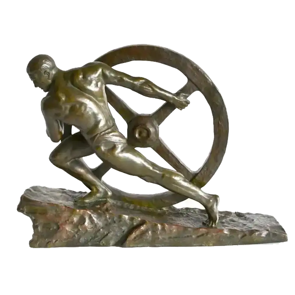 Pierre Le Faguays Art Deco bronze sculpture The Wheel, dynamic male figure pushing a large wheel, circa 1930.