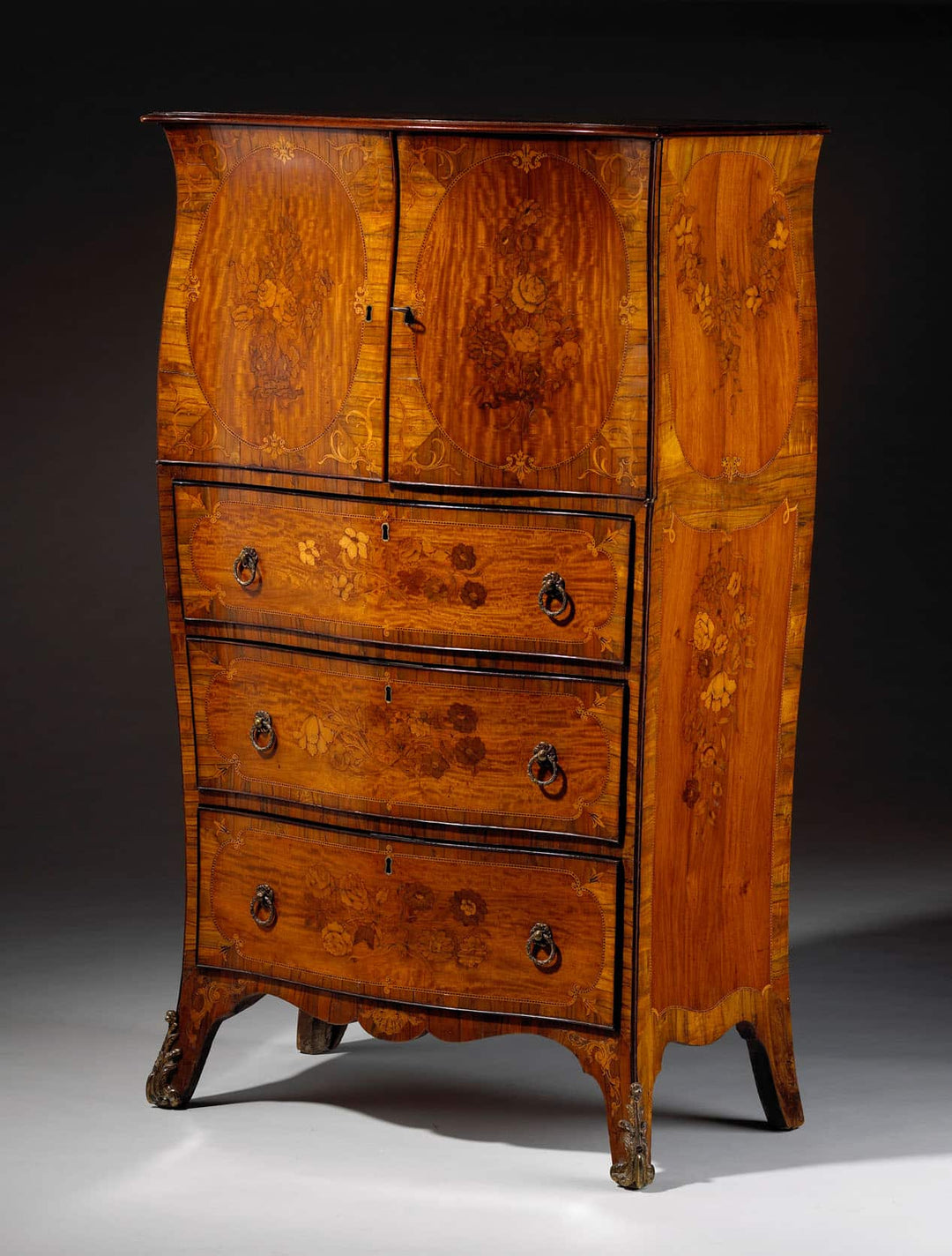 Ince & Mayhew satinwood marquetry cabinet on chest, George III style, classic bombe shape, Collection CK20.