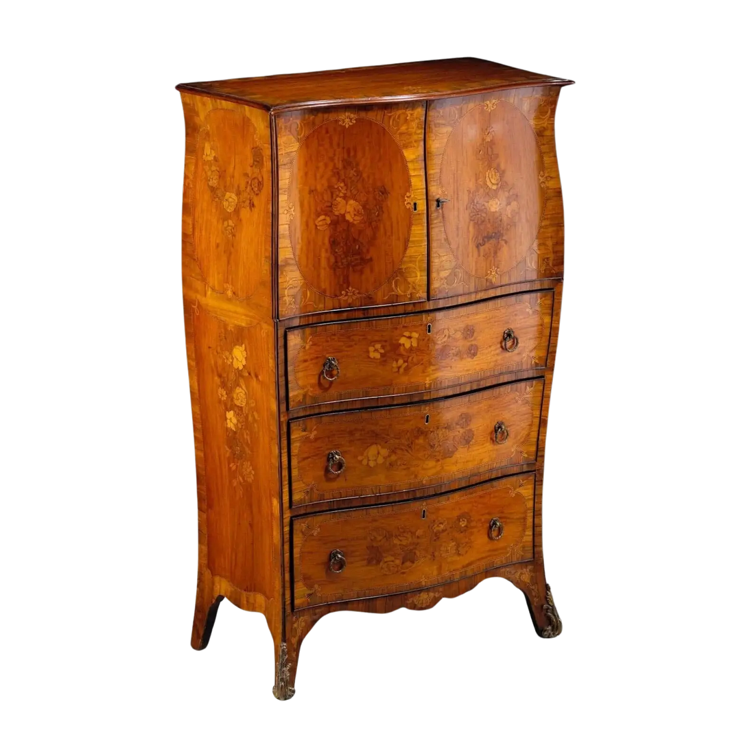 George III satinwood marquetry cabinet on chest by Ince & Mayhew, elegant bombe design, Collection CK20.
