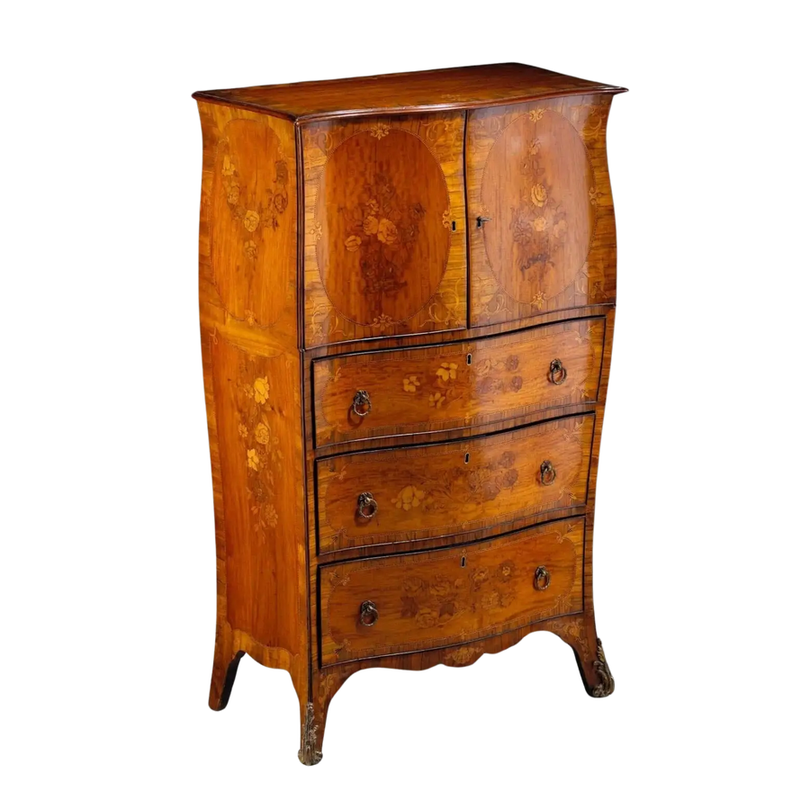 George III satinwood marquetry cabinet on chest by Ince & Mayhew, elegant bombe design, Collection CK20.
