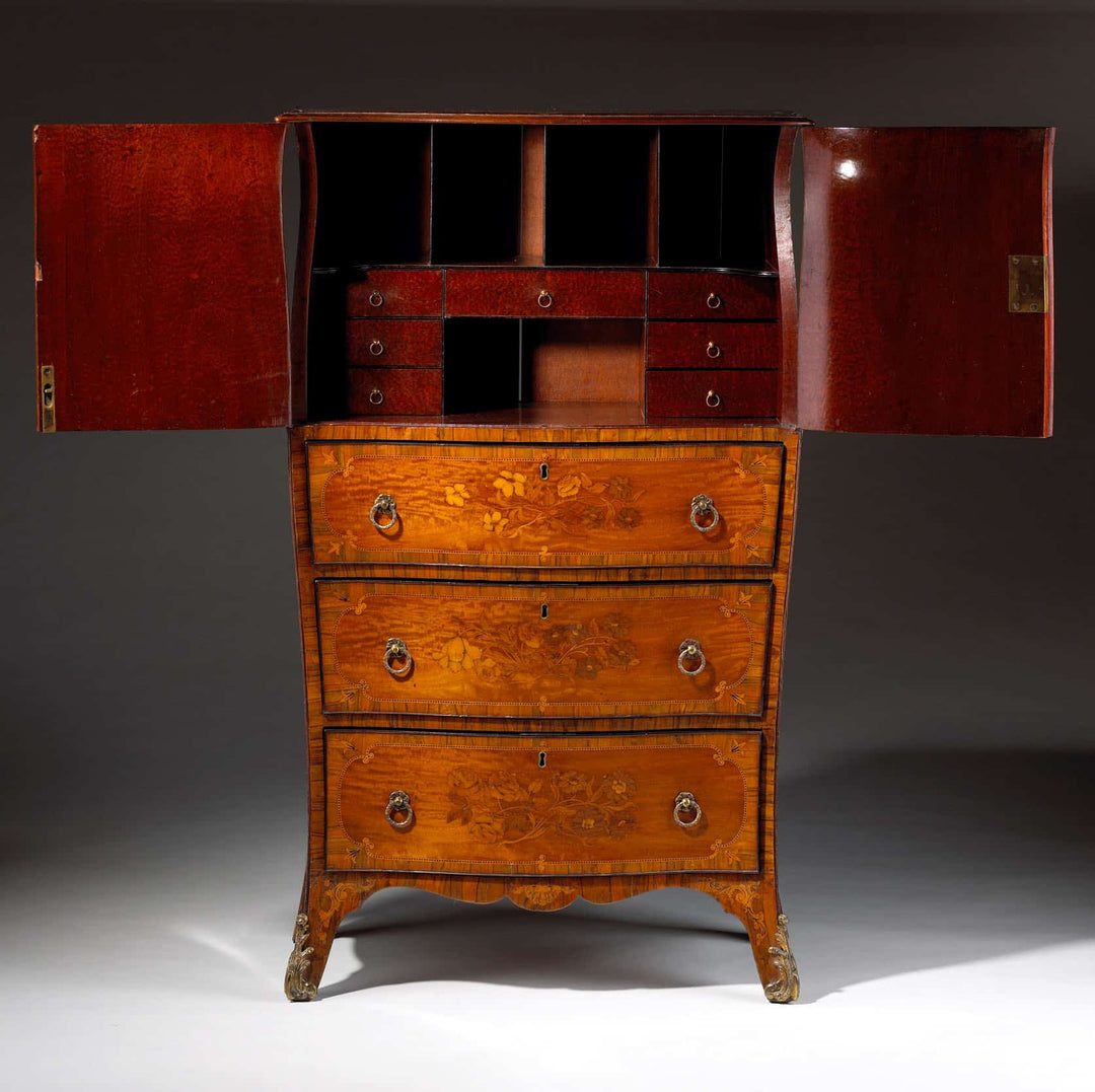 Ince & Mayhew Satinwood marquetry cabinet on chest with drawers and open top compartment by Collection CK20