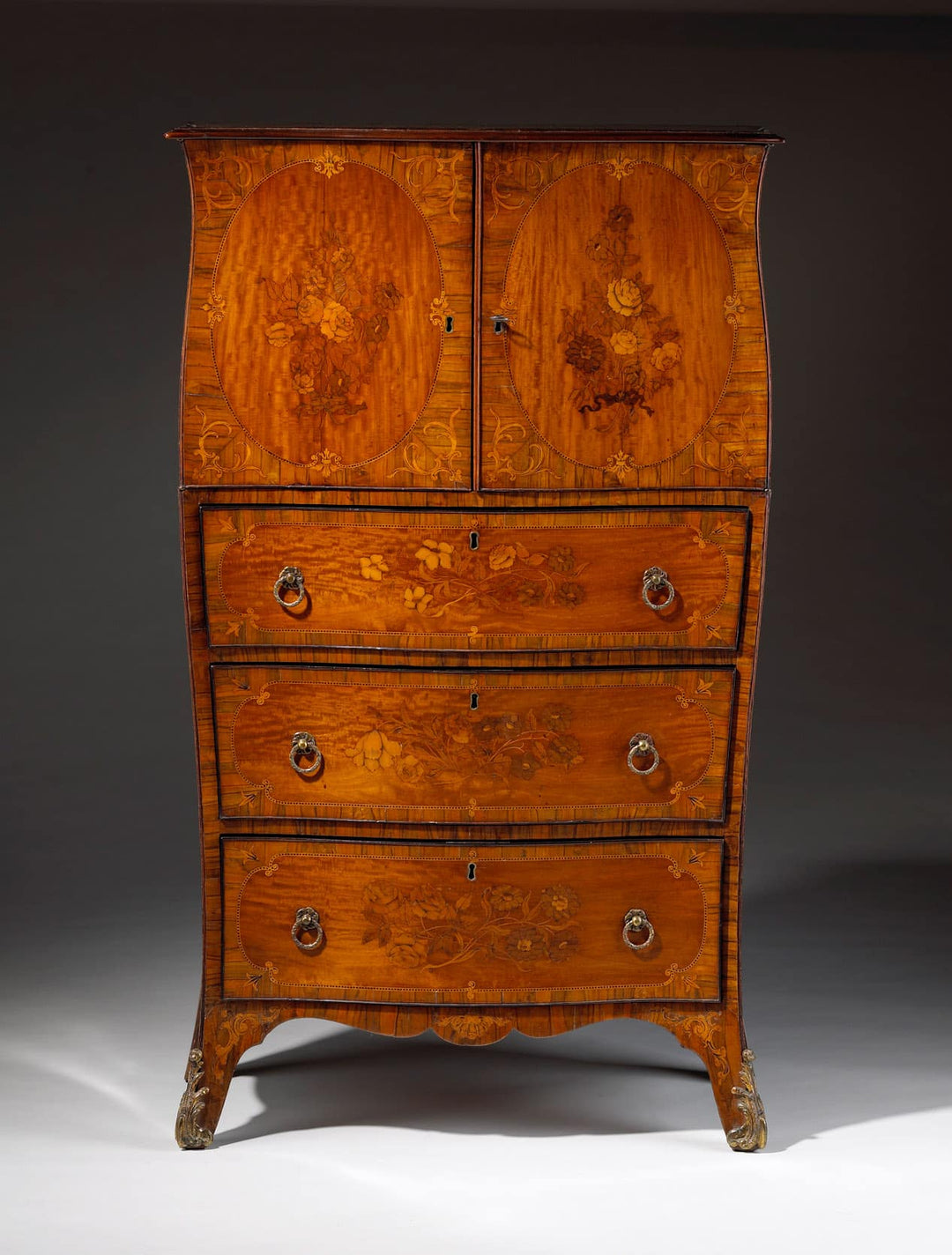 Ince & Mayhew satinwood marquetry cabinet on chest, elegant George III design, Collection CK20 refined craftsmanship