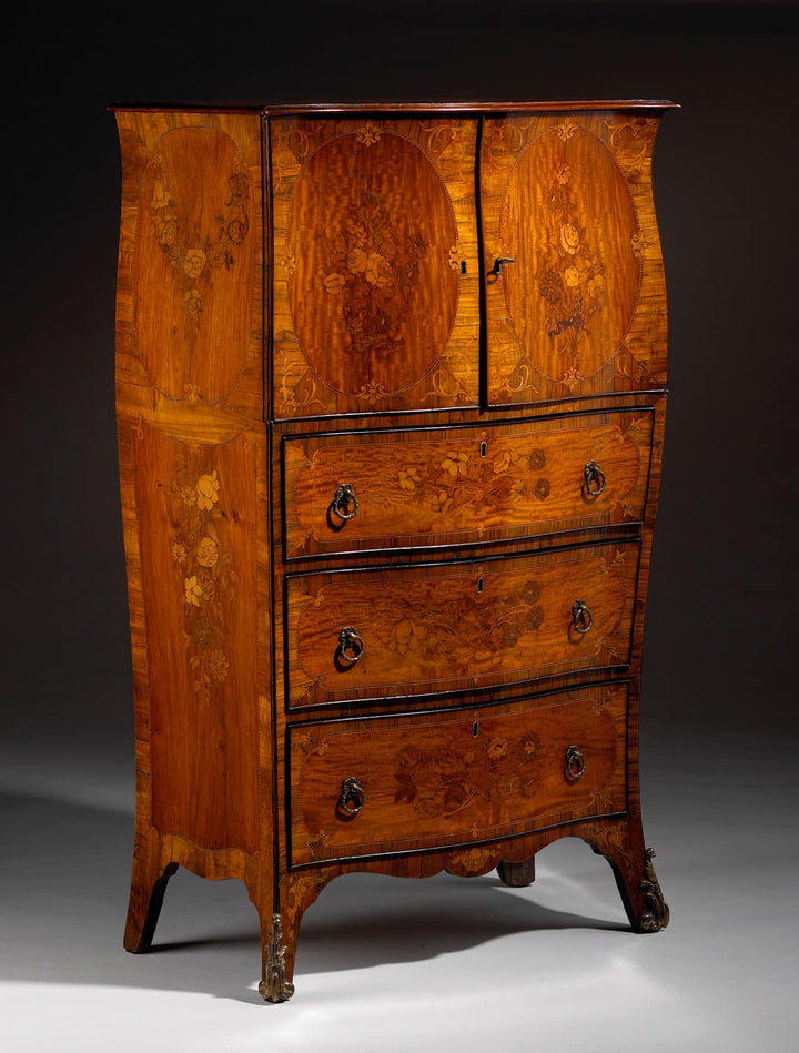 Ince & Mayhew satinwood marquetry cabinet on chest with bombe sides and floral inlay by Collection CK20