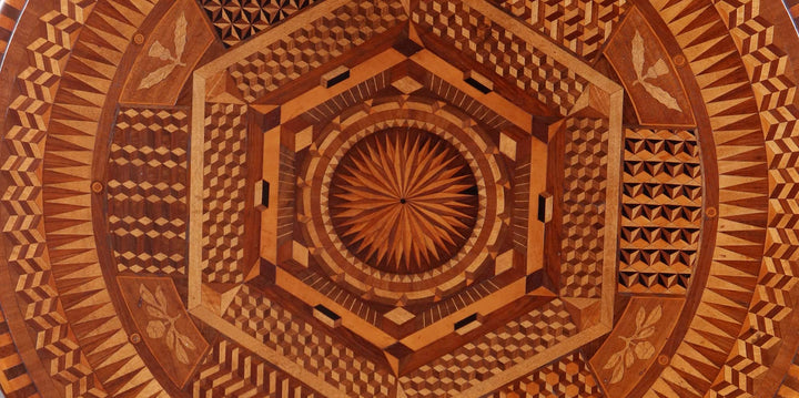 Jamaican Tilt Top Centre Table In the Manner of Ralph Turnbull with detailed mid-19th century parquetry and floral inlays.