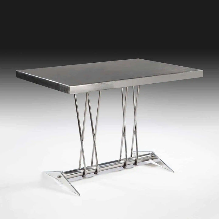 French Modernist Polished Steel Centre Table – Jean Prouve, sleek steel rectangular top with minimalist crossed legs design.