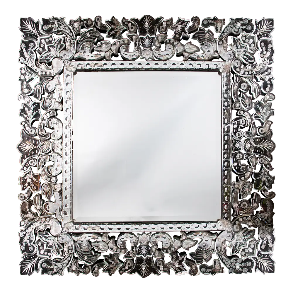 Venetian Mirror | 20th century Cut Glass square wall mirror with ornate cut glass border, circa 1900, 107x107 cm.