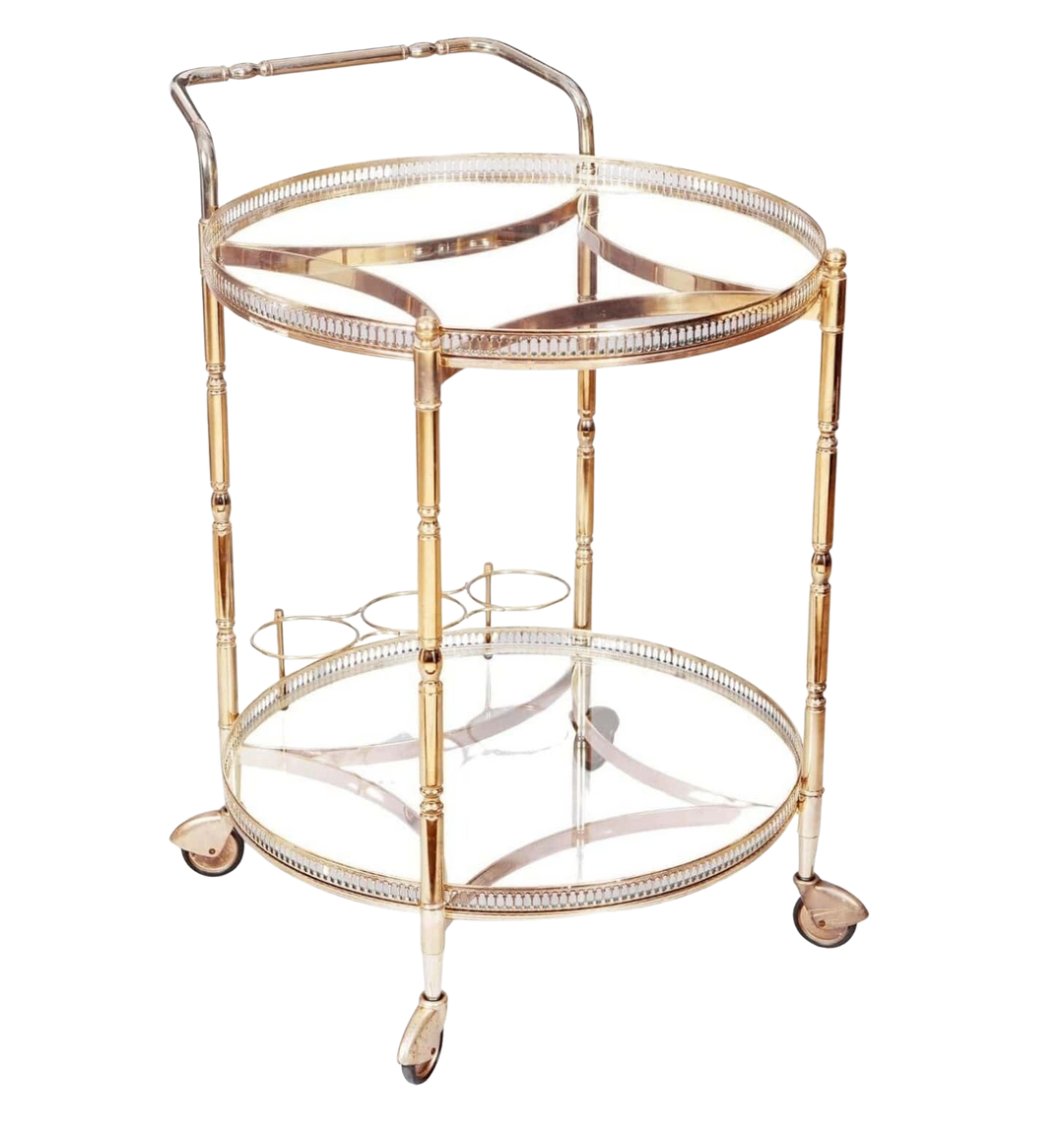 Vintage Brass and Glass Circular Bar Cart, Drinks Trolley