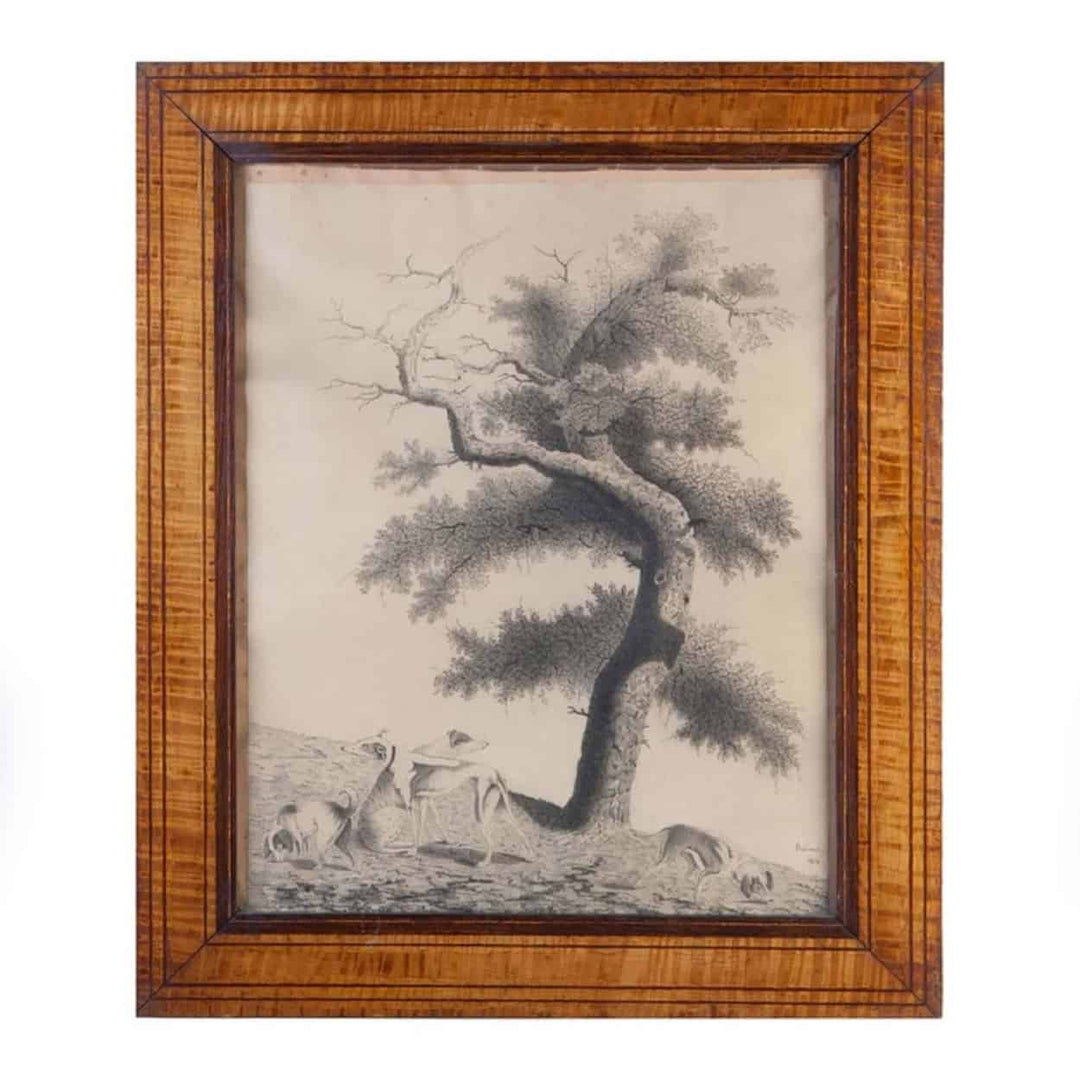 Early 19th C Drawing Of A Tree With Dogs