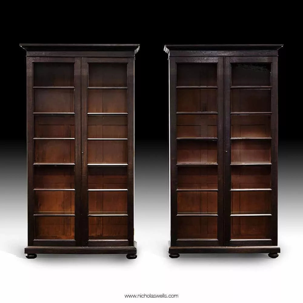 Antique Pair Of Glazed Bookcases Display Cabinets mid 19th Century Anglo-Indian ebonised teak design