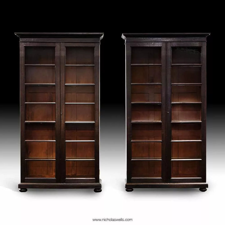 Antique Pair Of Glazed Bookcases Display Cabinets mid 19th Century Anglo-Indian ebonised teak design