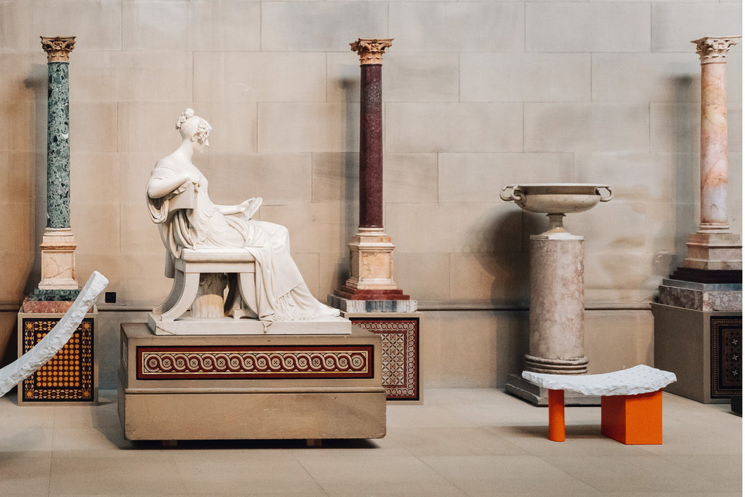 Lorenzo Bartolini marble tazza and column sculpture displayed with classical columns by Nicholas Wells Antiques