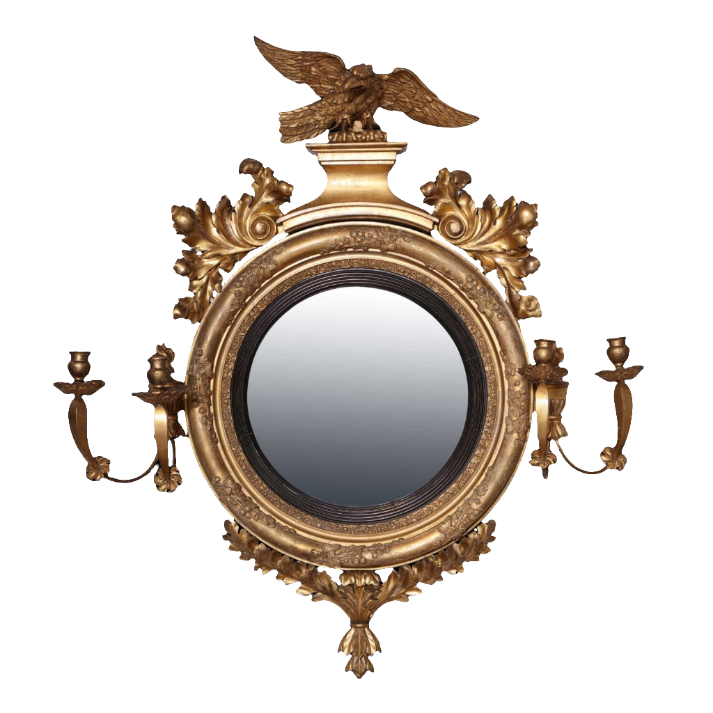 Early 19th Century British Regency Convex Mirror with giltwood frame, eagle crest, and candle arms, circa 1810.