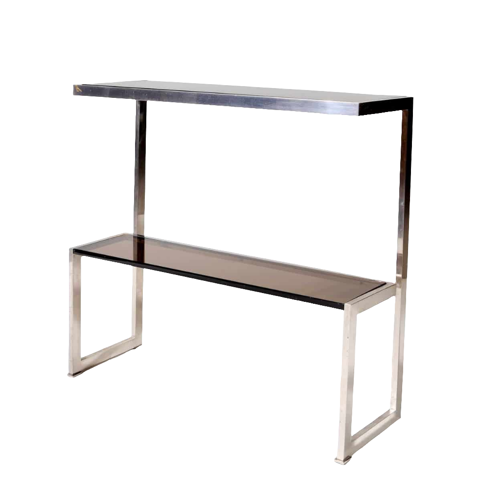 Italian 1970’s Chrome & Smoked Glass Console Table with two tiers and a chrome key pattern frame.