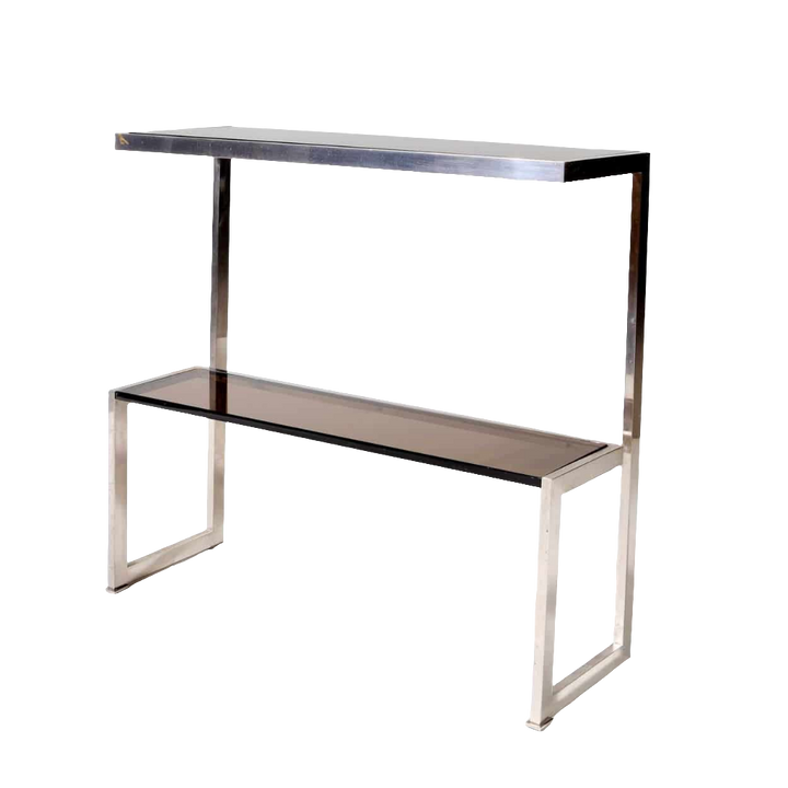 Italian 1970’s Chrome & Smoked Glass Console Table with two tiers and a chrome key pattern frame.