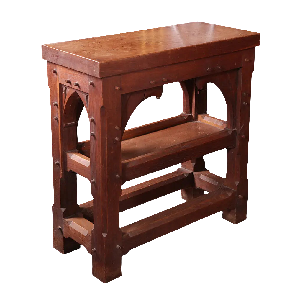 Arts and Crafts Gothic Revival Etagere oak shelf with projecting dowels, hand-crafted English design circa 1900.